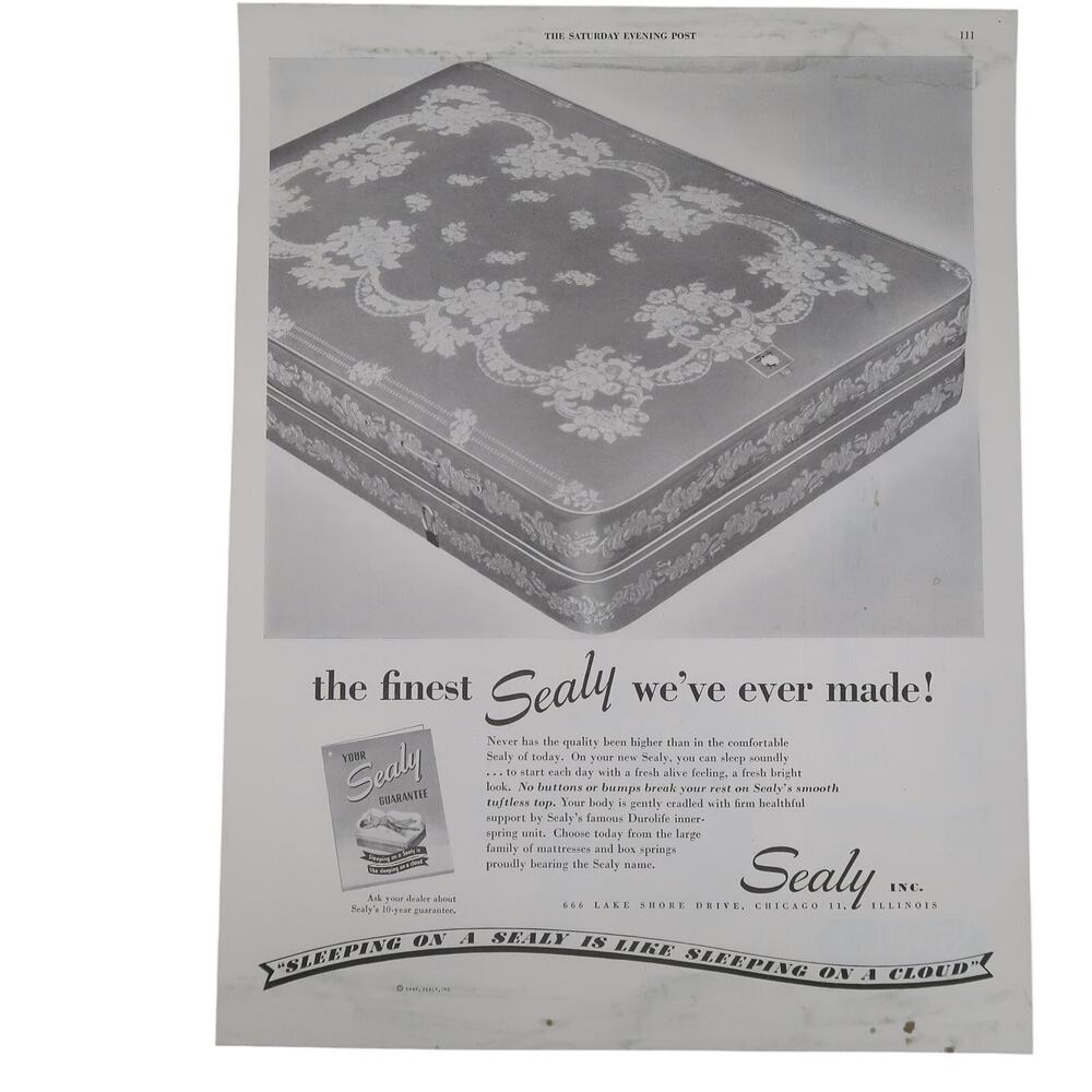 Sealy Mattress Magazine Advertisement 1948 Black & White Vintage Home Furnishing